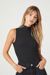 Forever 21 Women's Ribbed Mock Neck Sleeveless Bodysuit Black