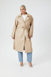 Forever 21 Plus Women's Faux Leather/Pleather Trench Coat Tan