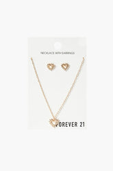 Forever 21 Women's Rhinestone Heart Earring & Necklace Set Gold