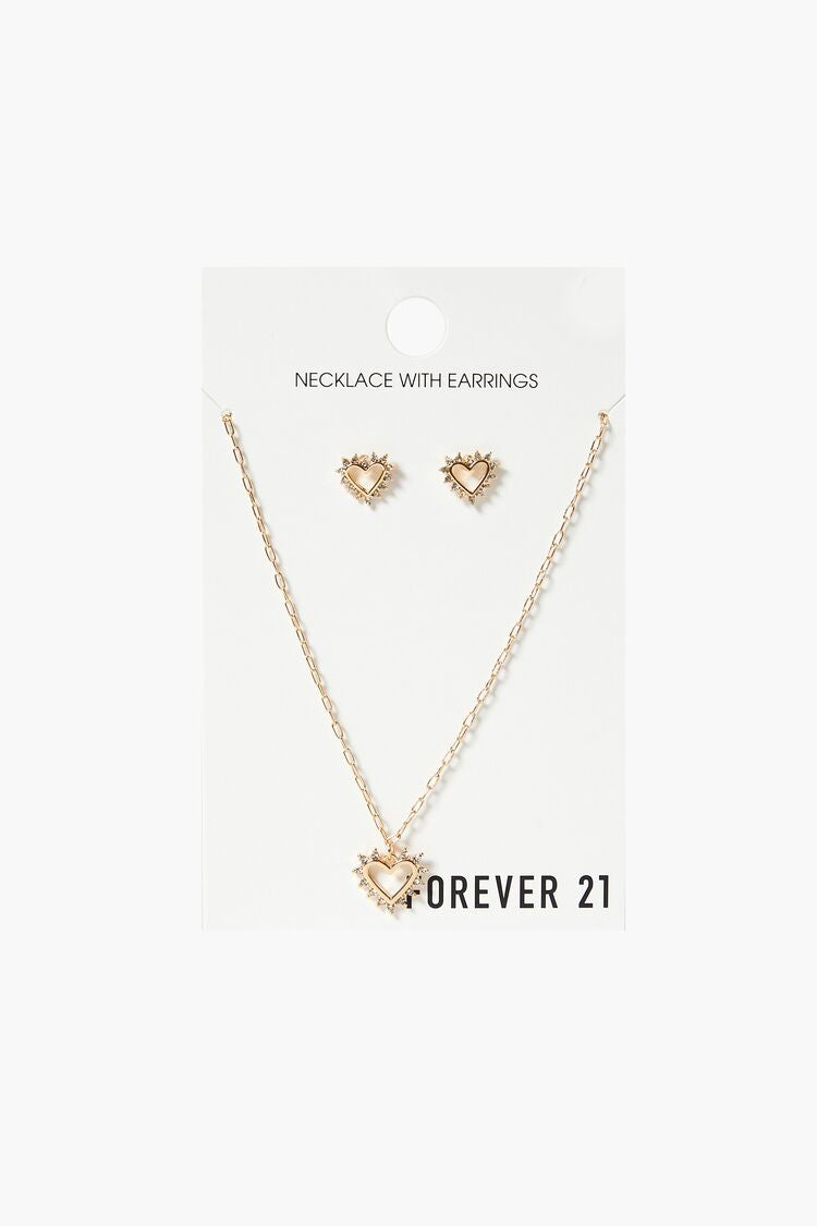 Forever 21 Women's Rhinestone Heart Earring & Necklace Set Gold