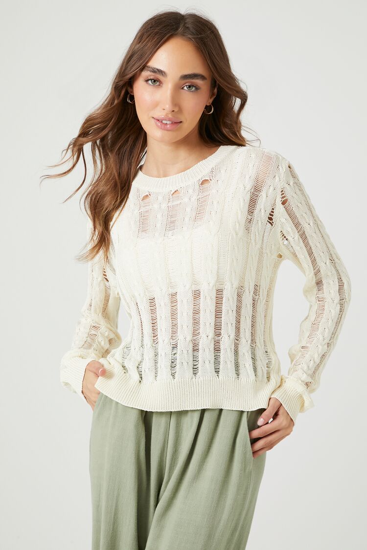 Forever 21 Knit Women's Distressed Sheer Sweater Cream