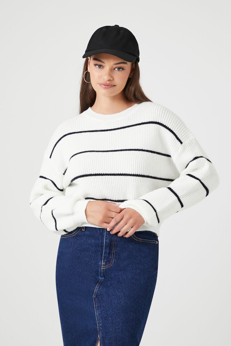 Forever 21 Women's Striped Rib-Knit Sweater White/Black