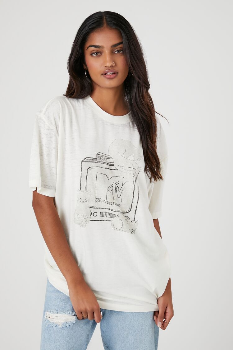 Forever 21 Women's MTV Cats Graphic T-Shirt Cream/Multi