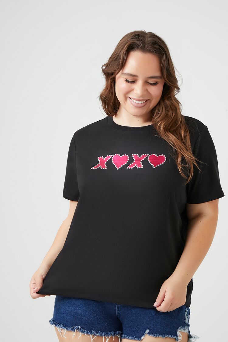 Forever 21 Plus Women's XOXO Heart Graphic T-Shirt Black/Multi