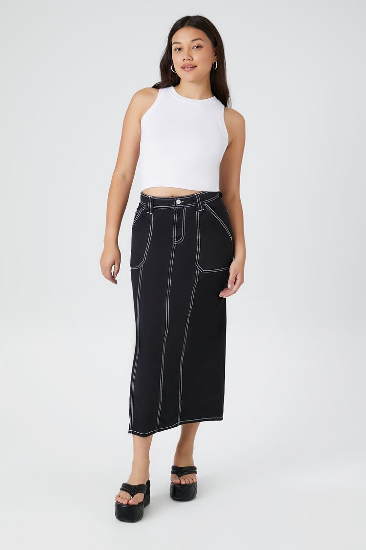 Forever 21 Women's Twill Contrast-Stitch Maxi Skirt Black