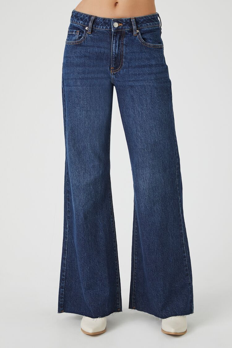 Forever 21 Women's Loose Fit Wide-Leg Jeans Dark Denim