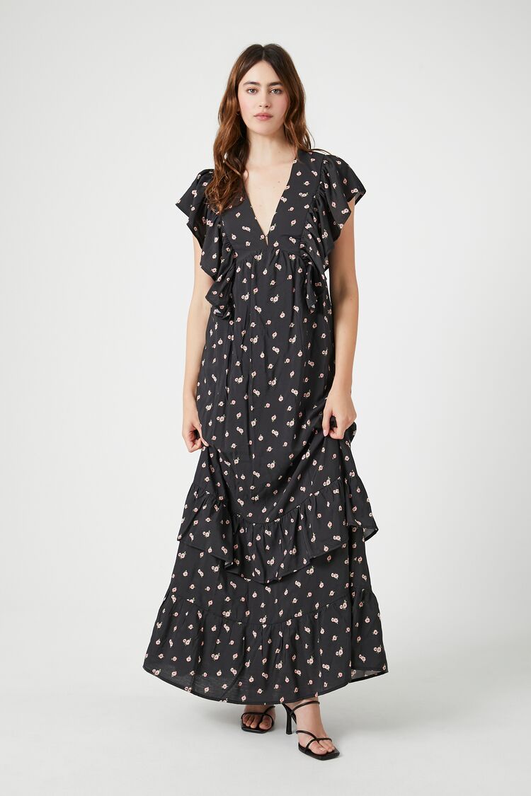 Forever 21 Women's Floral Butterfly-Sleeve Maxi Long Dress Black/Pink