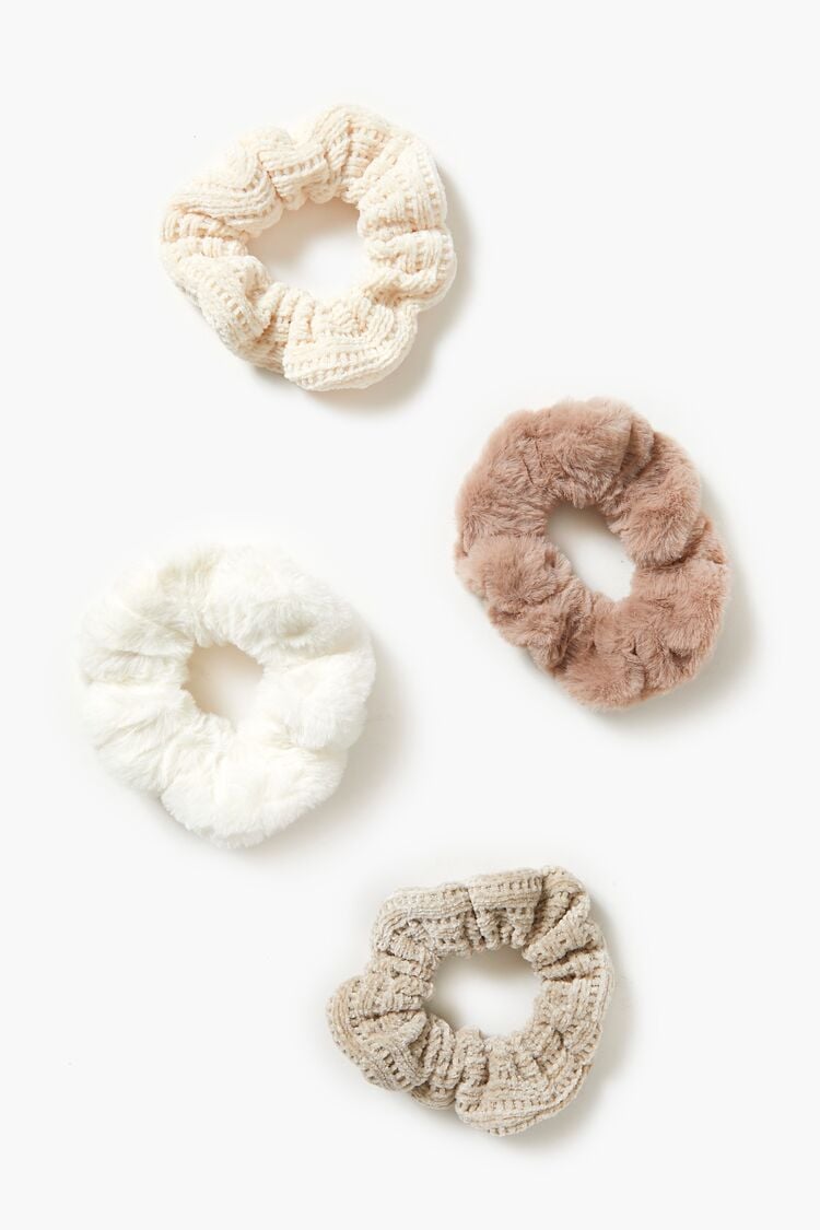 Forever 21 Women's Assorted Fuzzy Scrunchie Set Cream/Multi