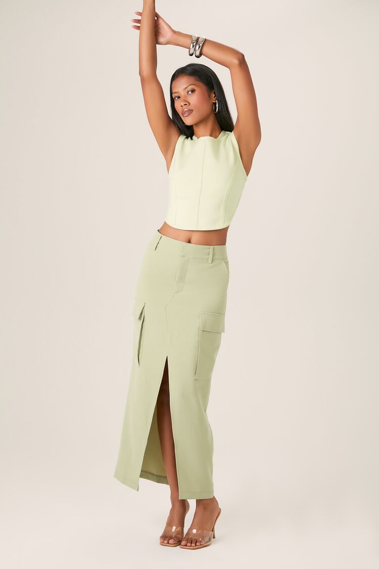 Forever 21 Women's Cargo Slit Straight Maxi Skirt Olive