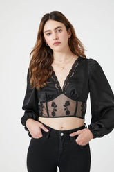 Forever 21 Women's Satin Lace-Trim Mesh Top Black