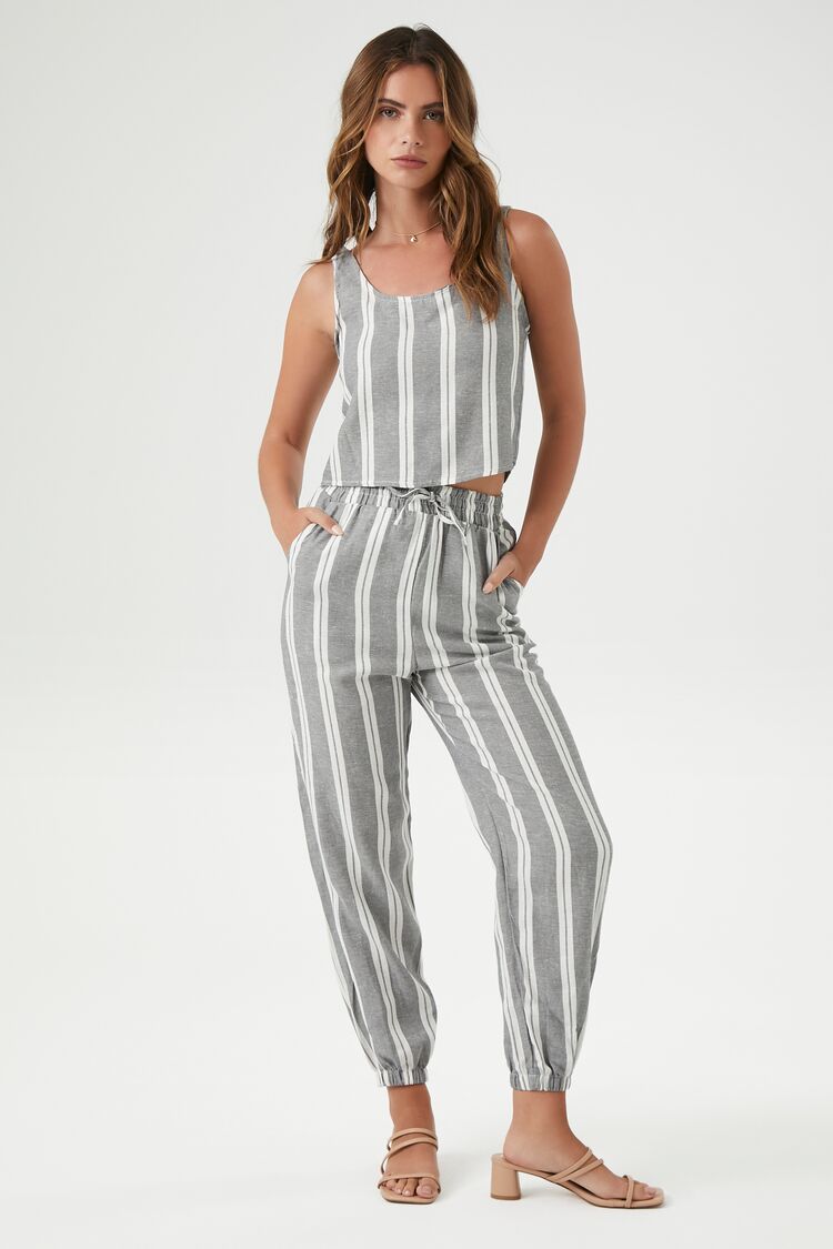 Forever 21 Women's Striped Tank Top & Pants Set White/Grey