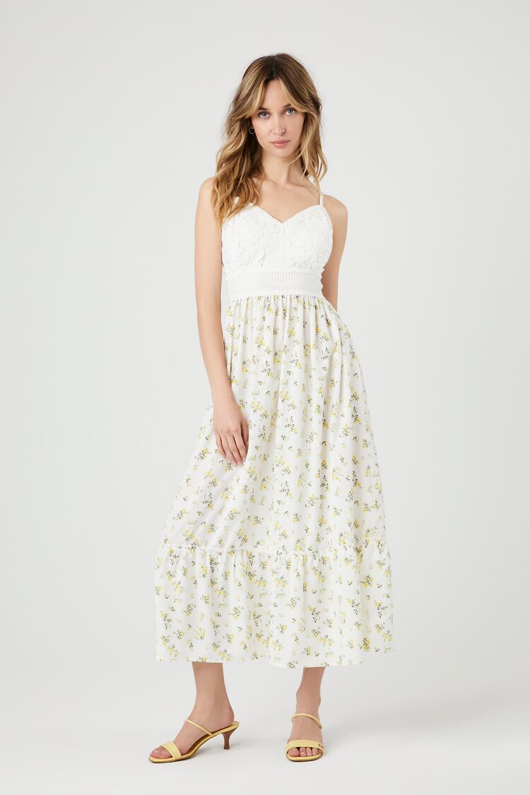 Forever 21 Women's Lace Floral Print Maxi Long Spring/Summer Dress Ivory/Multi