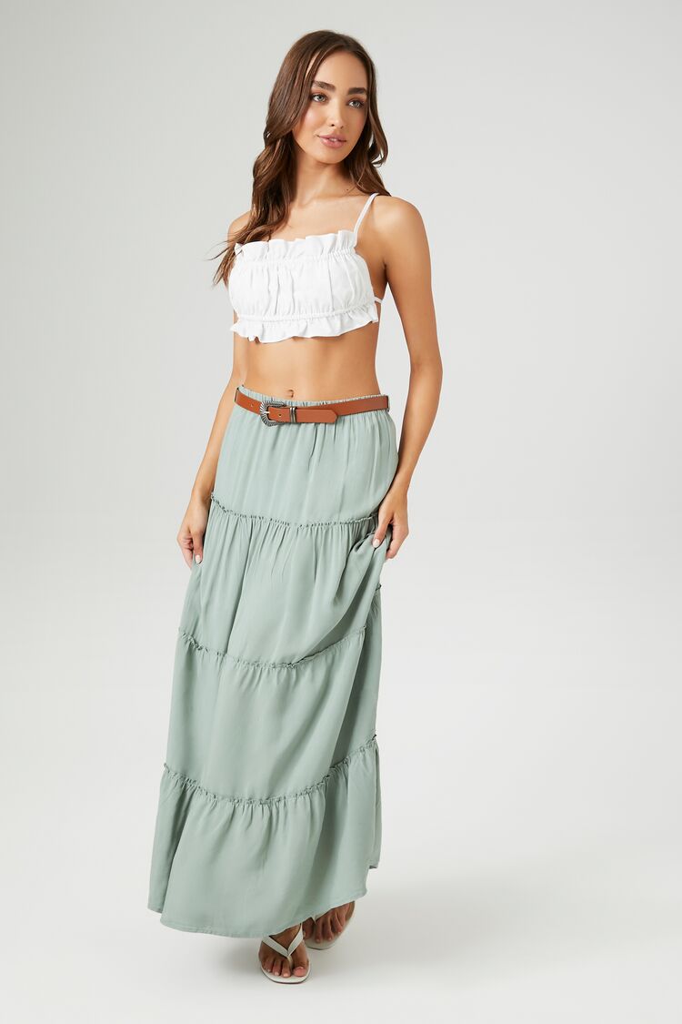 Forever 21 Women's Belted Tiered Maxi Skirt Sage