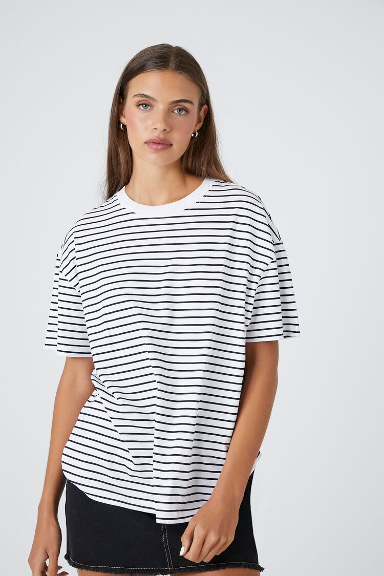 Forever 21 Women's Oversized Striped T-Shirt Black/White