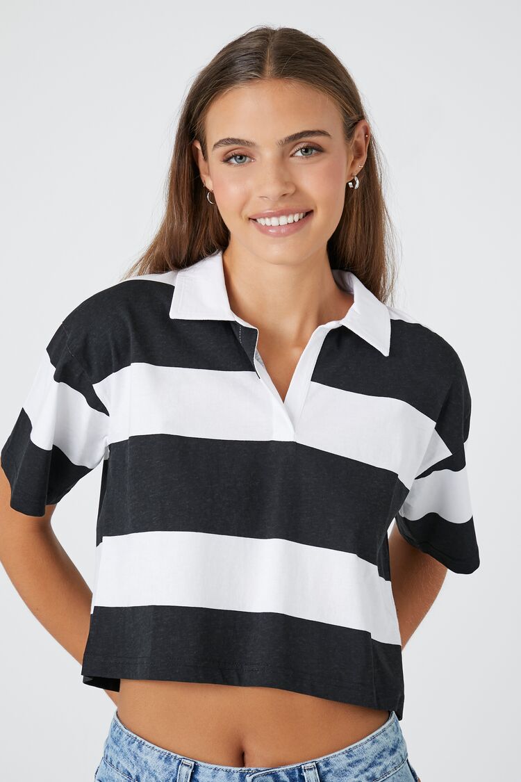 Forever 21 Women's Cropped Striped Polo Shirt Black/White