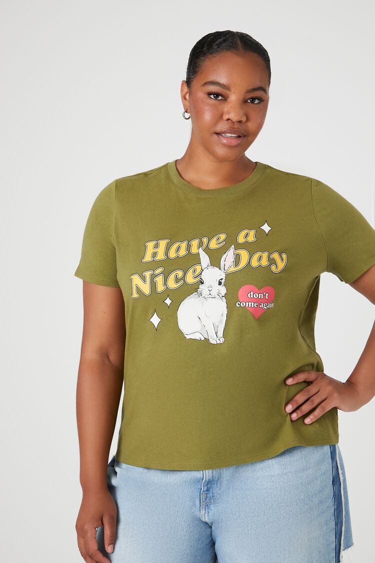 Forever 21 Plus Women's Have a Nice Day Graphic T-Shirt Olive/Multi