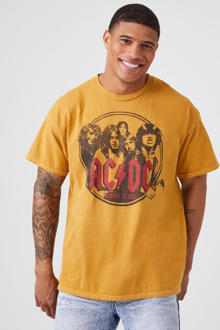 Forever 21 Men's ACDC Highway to Hell Graphic T-Shirt Light Yellow/Multi