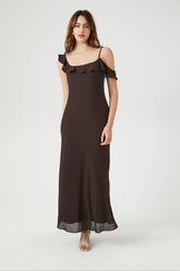 Forever 21 Women's Chiffon Ruffle-Trim Slip Maxi Long Spring/Summer Dress Brown