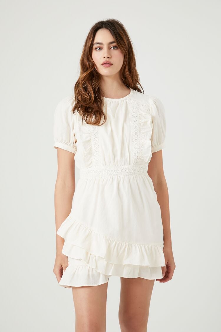Forever 21 Women's Crochet Lace Ruffle Mini Spring/Summer Dress White