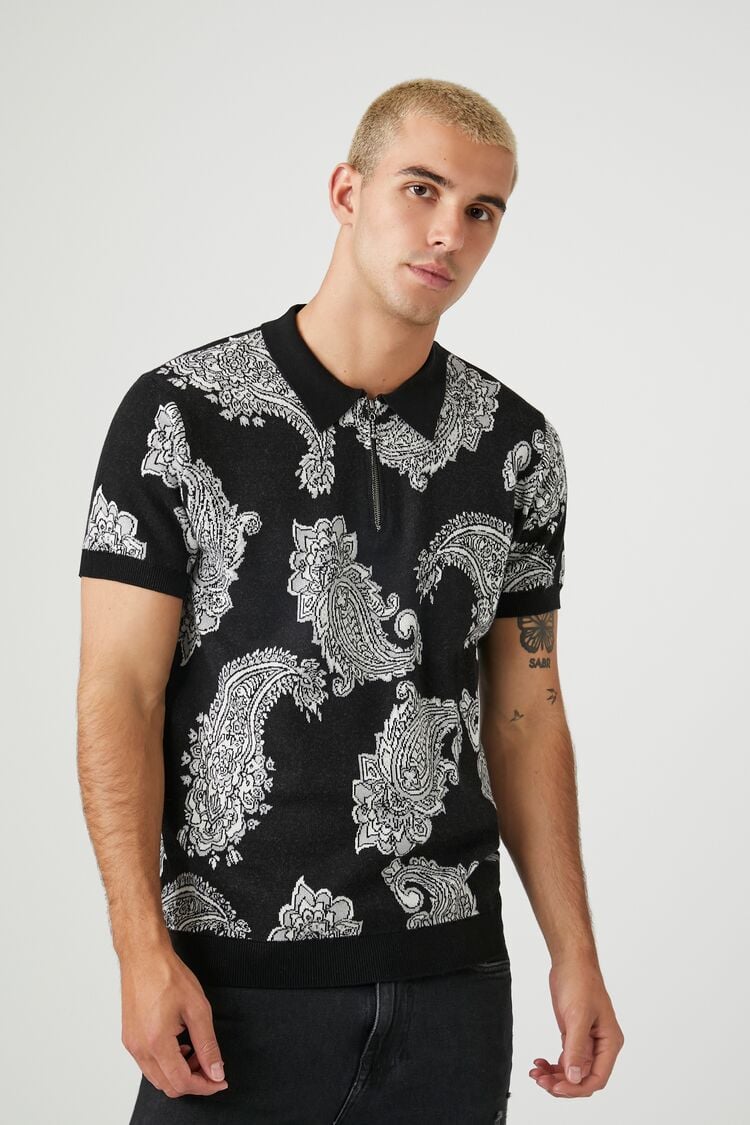 Forever 21 Men's Sweater-Knit Paisley Print Shirt Black/Multi