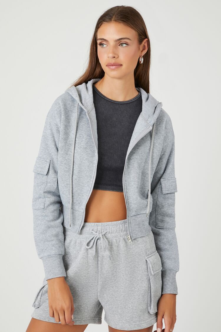 Forever 21 Women's Flap-Pocket Fleece Zip-Up Hoodie Sweatshirt Heather Grey