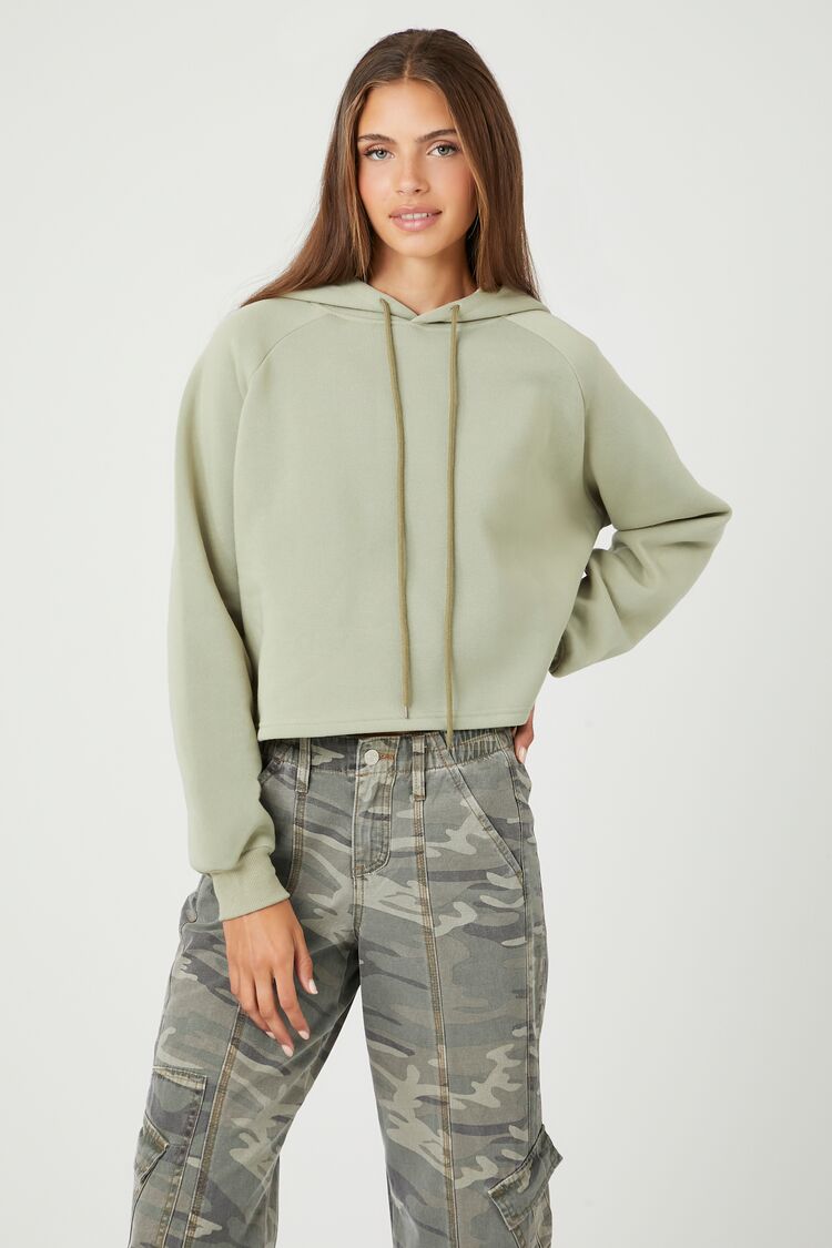 Forever 21 Women's Fleece Raglan-Sleeve Hoodie Sweatshirt Sage