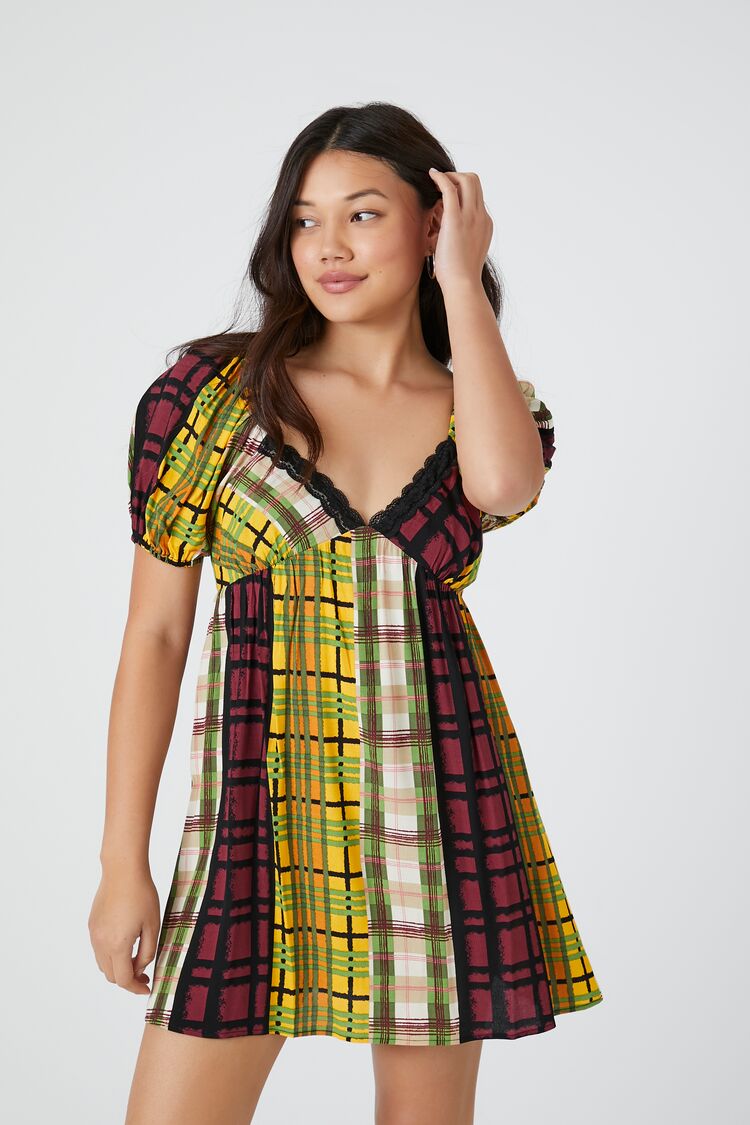 Forever 21 Women's Reworked Plaid Puff-Sleeve Mini Dress Yellow/Multi