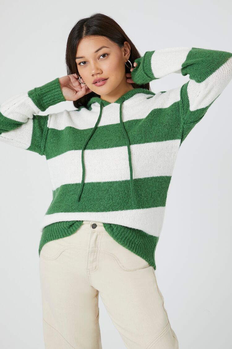 Forever 21 Knit Women's Striped Hooded Sweater Green/Multi