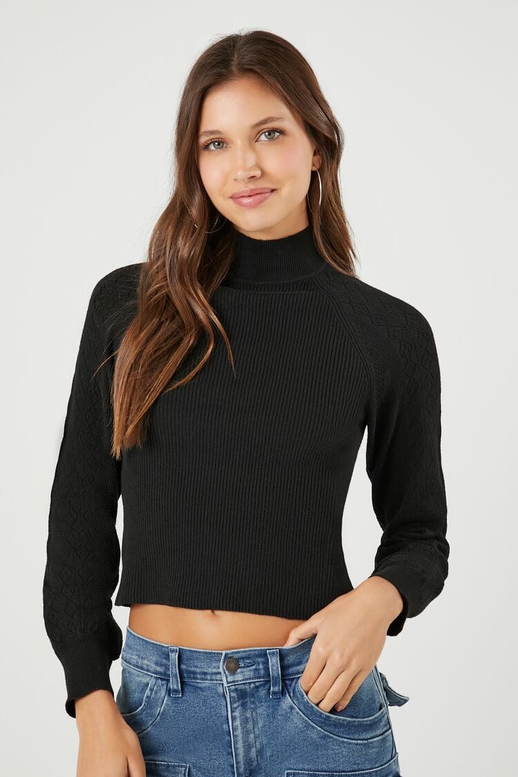 Forever 21 Women's Sweater-Knit Mock Neck Top Black