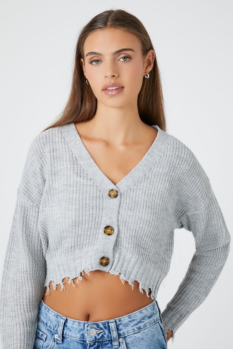 Forever 21 Knit Women's Distressed Cardigan Sweater Heather Grey