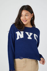 Forever 21 Knit Women's Distressed NYC Graphic Sweater Blue/Multi