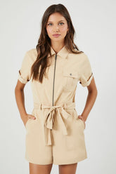 Forever 21 Women's Zip-Up Short-Sleeve Romper Khaki