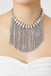 Forever 21 Women's Rhinestone Fringe Statement Necklace Silver/Clear