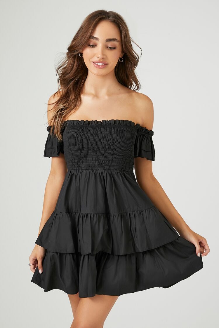 Forever 21 Women's Smocked Off-the-Shoulder Mini Spring/Summer Dress Black