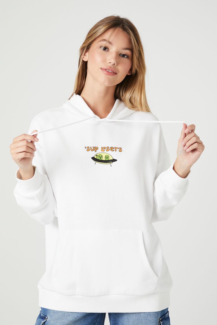 Forever 21 Women's Sup Losers Alien Graphic Hoodie Sweatshirt White/Multi