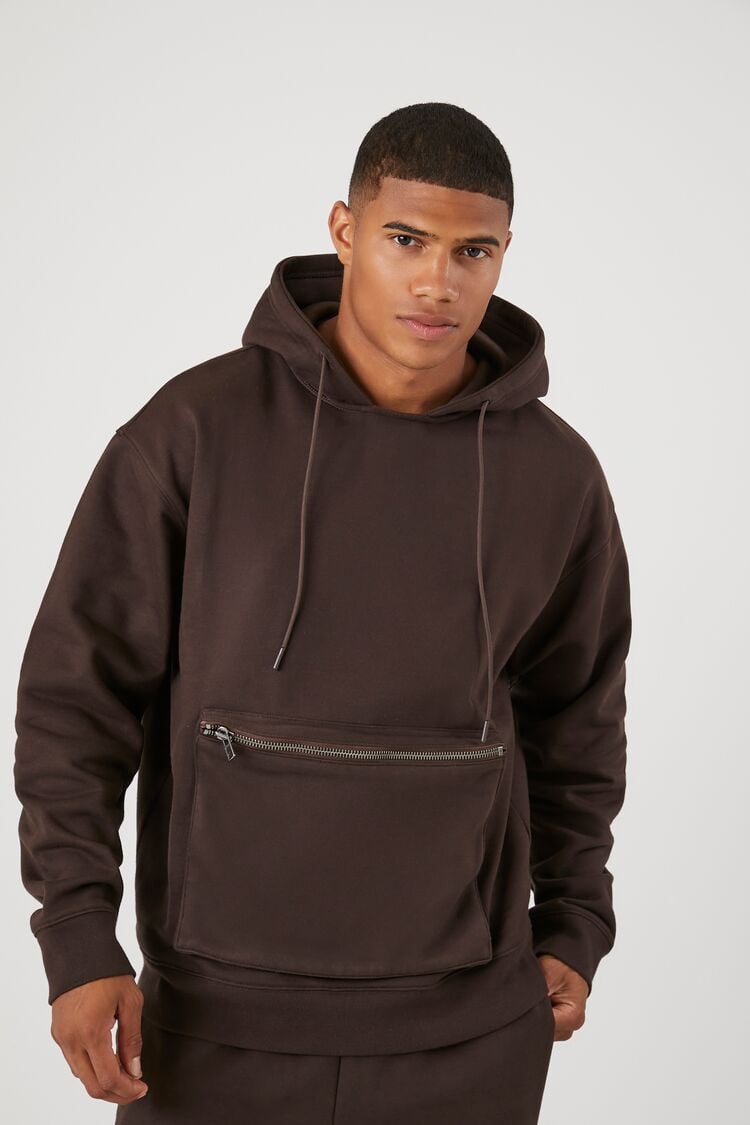 Forever 21 Men's Zip-Pocket Fleece Hoodie Sweatshirt Cocoa