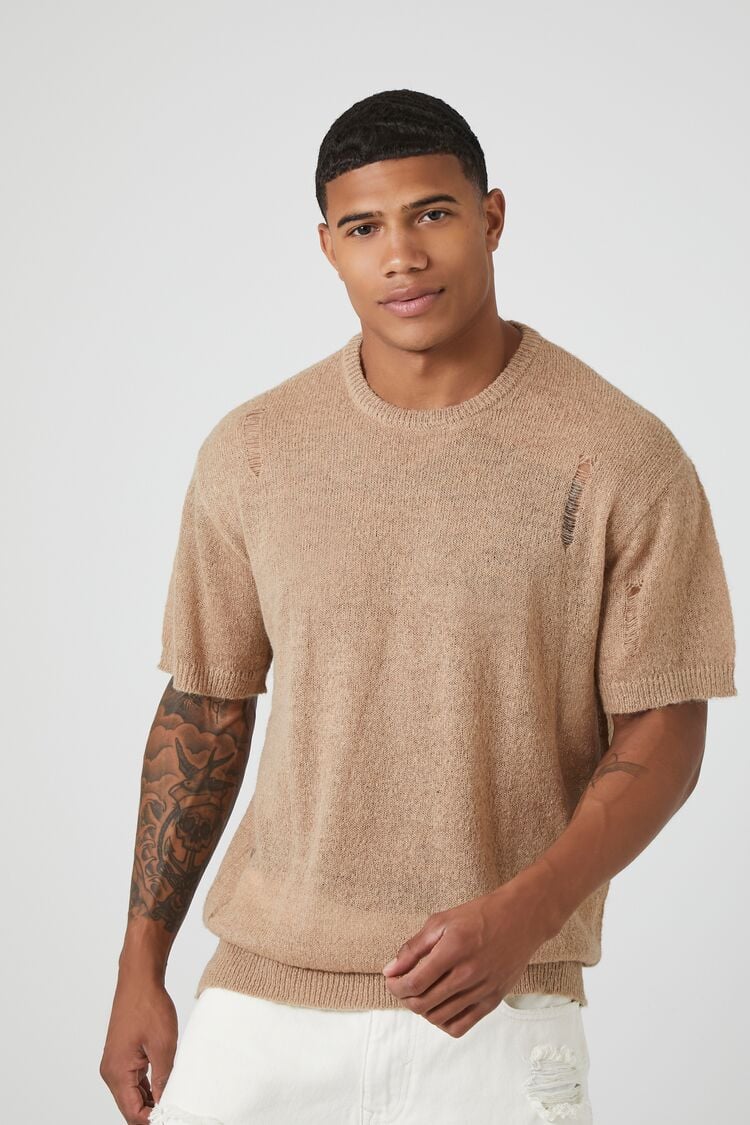 Forever 21 Knit Men's Distressed Short-Sleeve Sweater Taupe