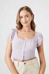 Forever 21 Women's Tulip-Sleeve Lace-Trim Crop Top Purple