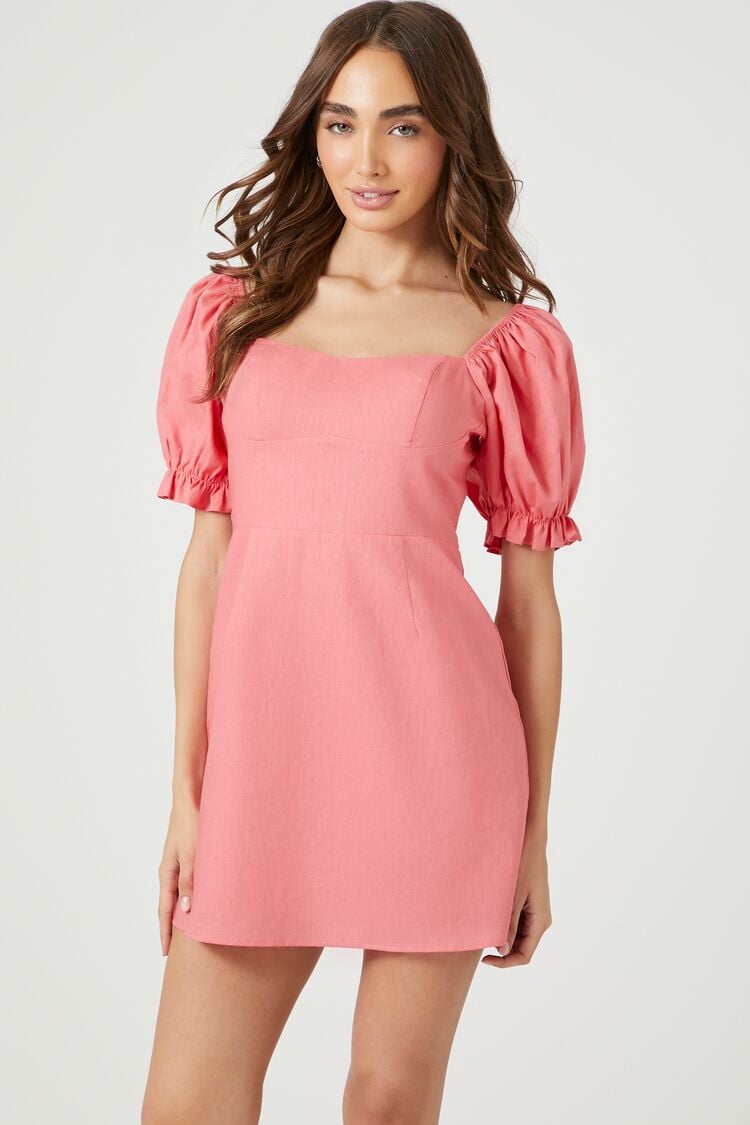 Forever 21 Women's Ruffle Puff-Sleeve Mini Spring/Summer Dress Faded Rose