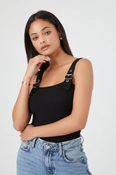 Forever 21 Women's Ribbed Buckle-Strap Bodysuit Black