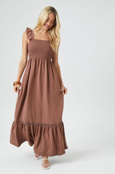 Forever 21 Women's Ruffle-Trim Maxi Long Spring/Summer Dress Brown