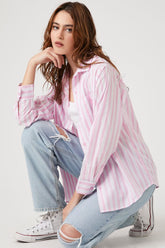 Forever 21 Women's Oversized Striped Poplin Shirt Pink/Multi
