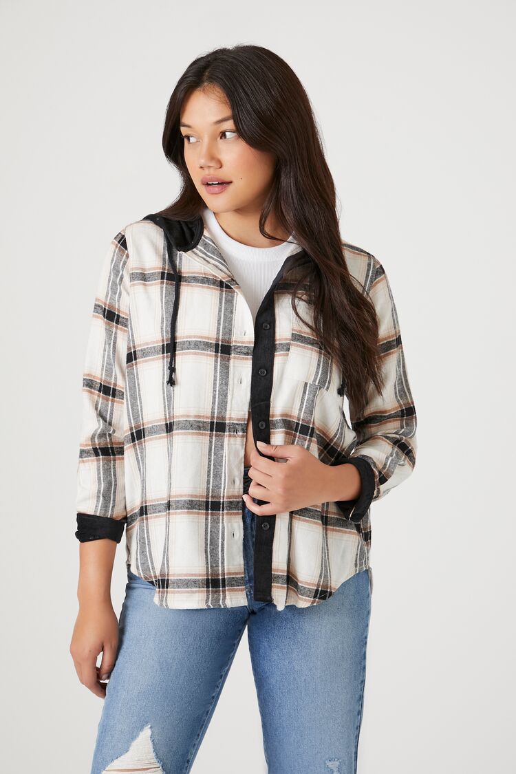 Forever 21 Women's Hooded Flannel Shirt White/Multi