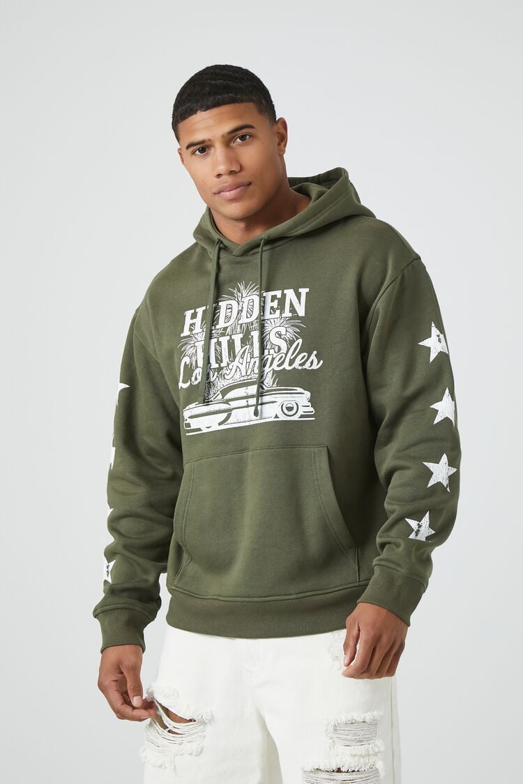 Forever 21 Men's Hidden Hills Graphic Hoodie Sweatshirt Olive/Cream