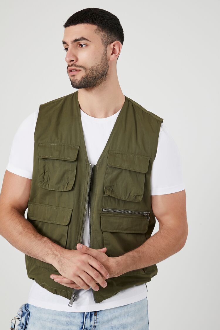 Forever 21 Men's Toggle Drawstring Cargo Vest Olive