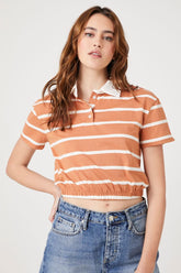 Forever 21 Women's Striped Cropped Polo Shirt Camel