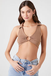 Forever 21 Women's Plunging O-Ring Cropped Tank Top Brown