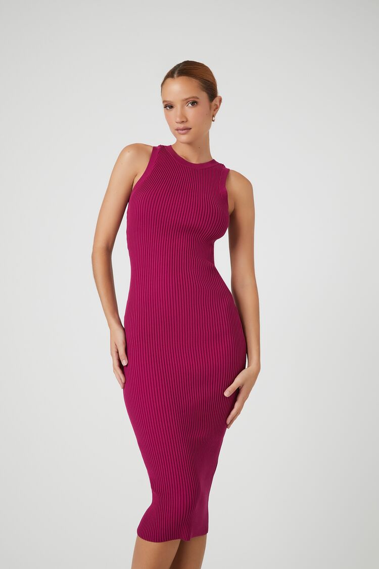 Forever 21 Women's Sweater-Knit Bodycon Midi Spring/Summer Dress Berry