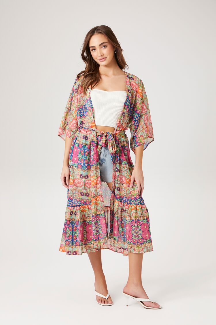 Forever 21 Women's Chiffon Floral Print Kimono Pink/Multi