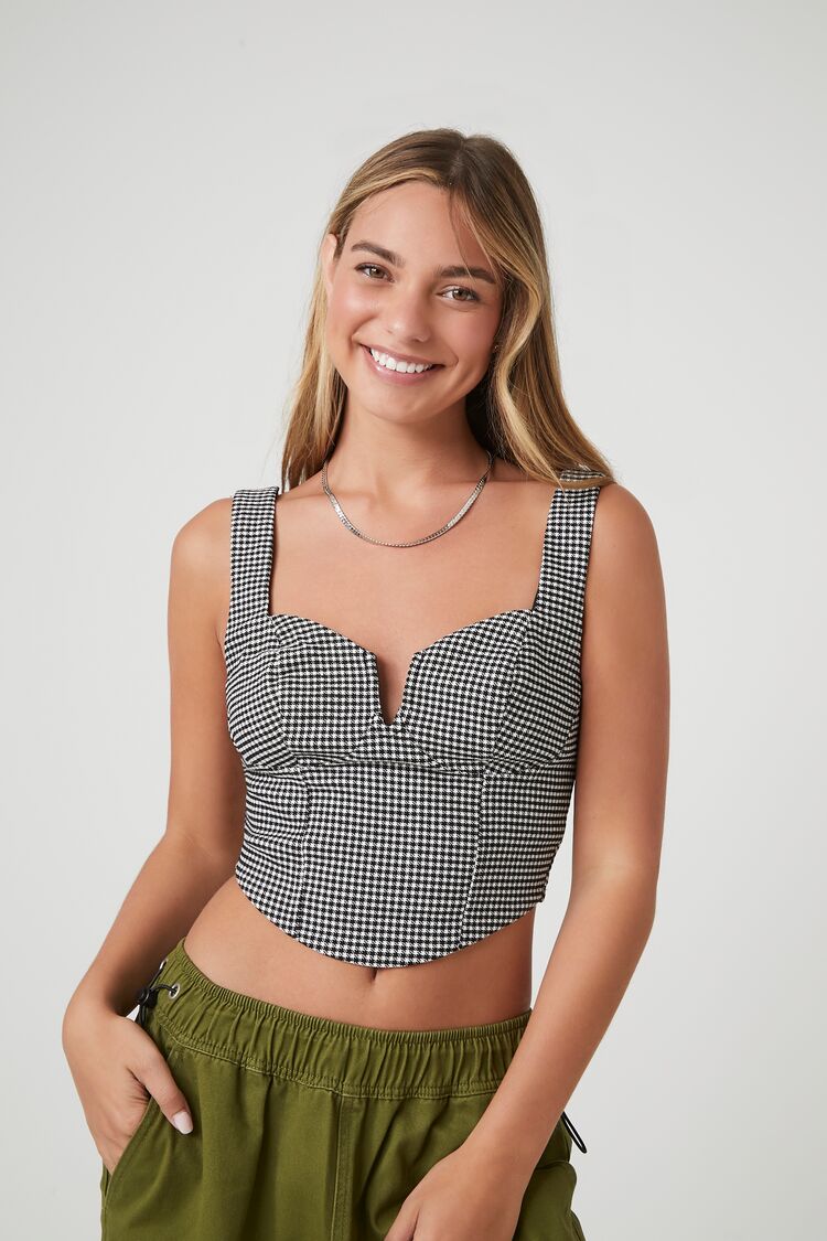 Forever 21 Women's Gingham Bustier Crop Top Black/White